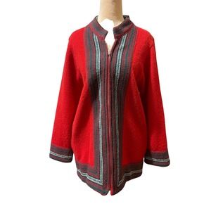 James Pringle Scottish Fashions Red Pure Wool Nordic Cardigan Mock Neck Scotland